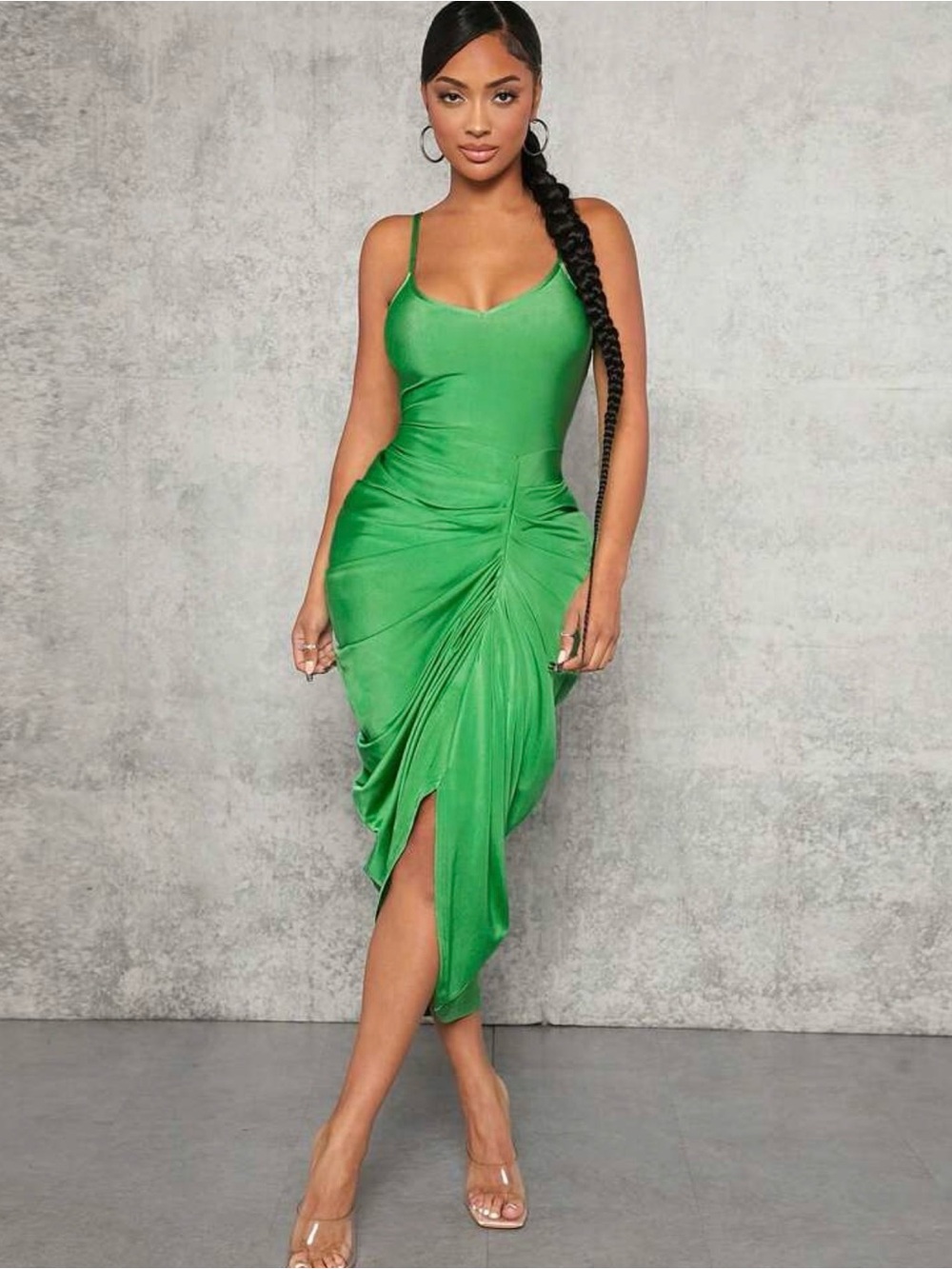 Green Asymmetrical Ruched Slip Dress